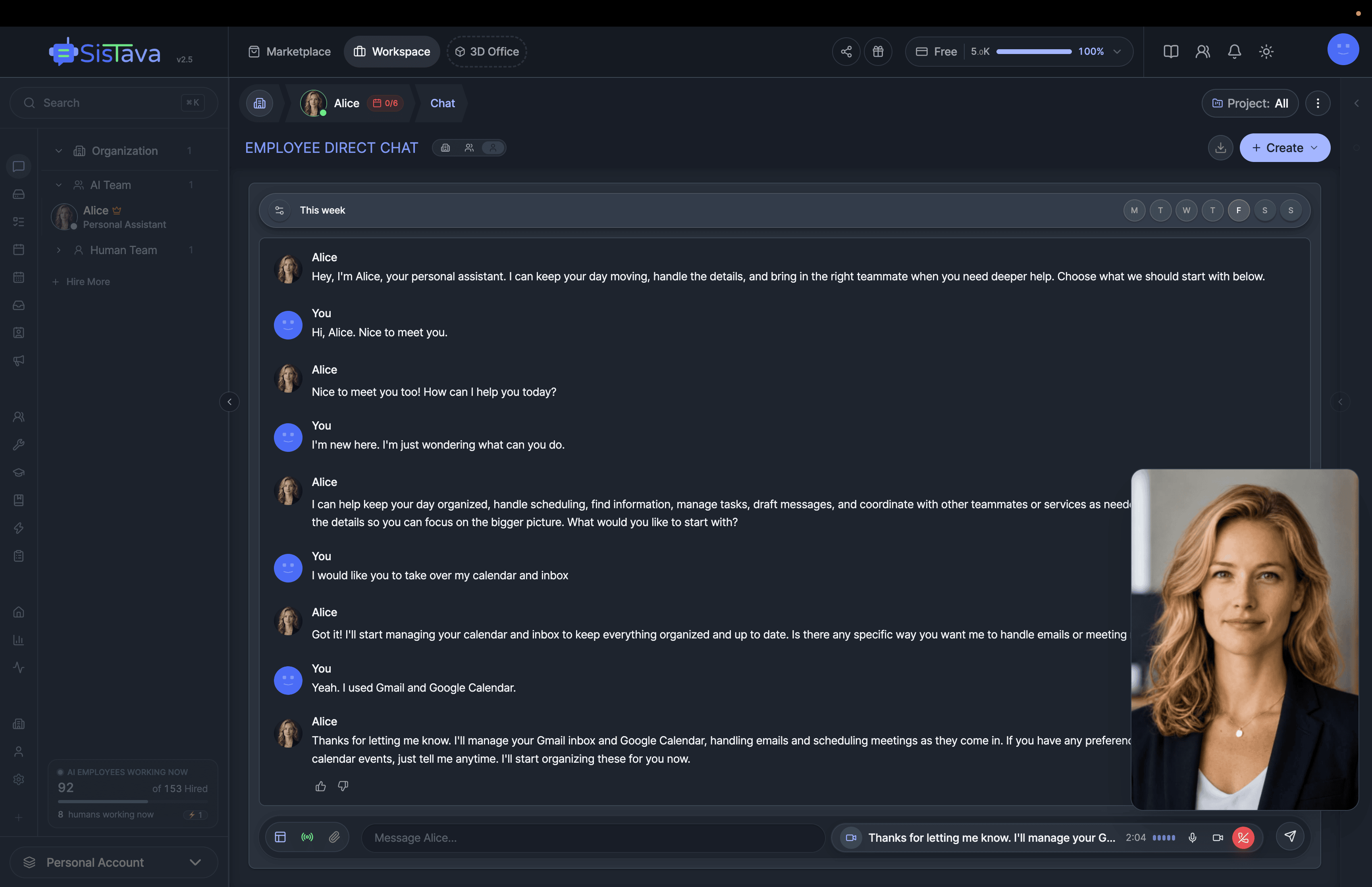 Alice, the AI personal assistant, handling a workspace conversation